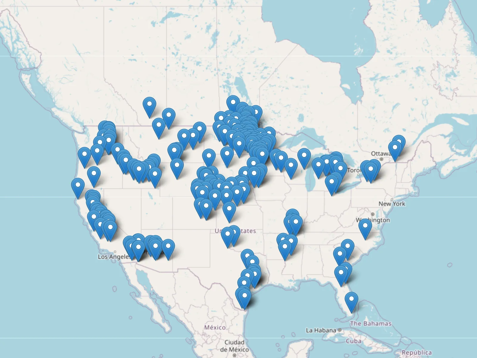 Map of North America covered in pins marking Alloway dealer locations