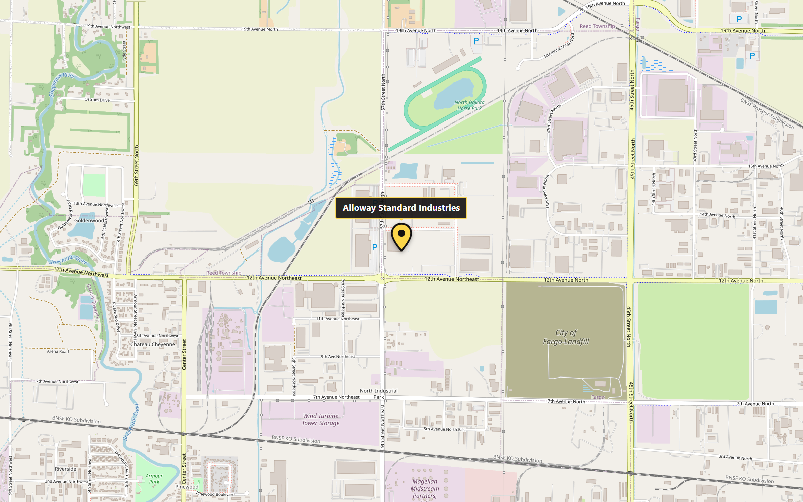 Map of northwest Fargo with a gold pin marking the Alloway shop on 13th Avenue North